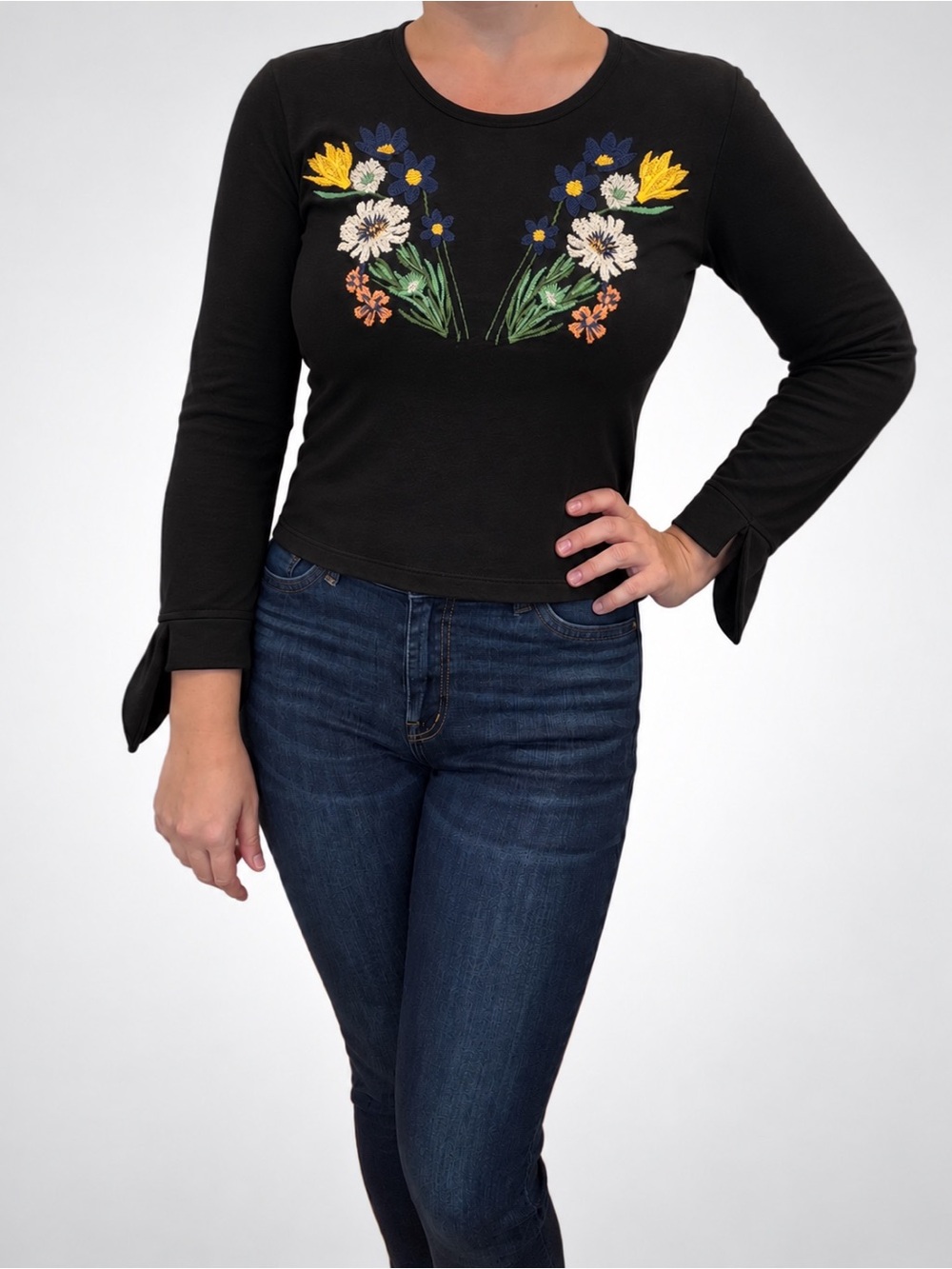 Zara Black Floral Embroidered Top, Size S